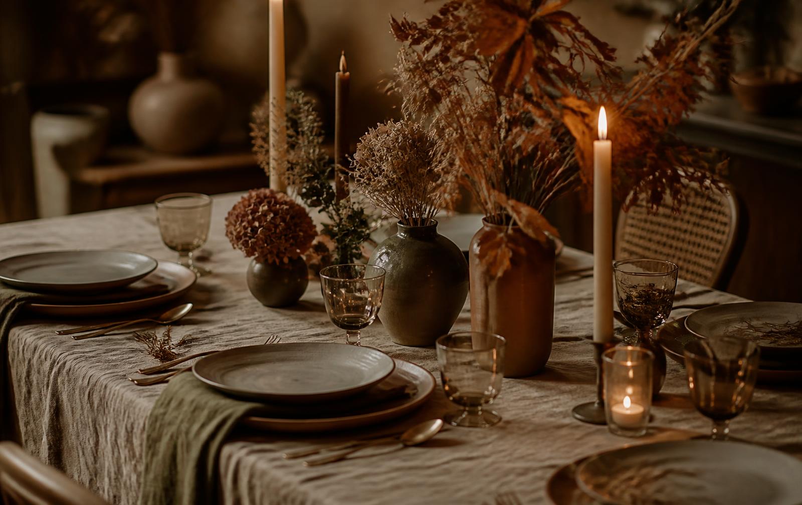 Herfstige tafel met kaarsen en droogbloemen